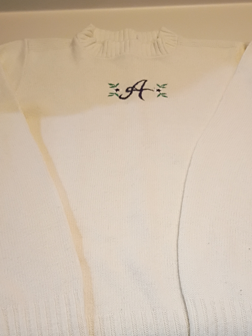 Vintage White Embroidered 'A' Mock Neck Women's Sweater